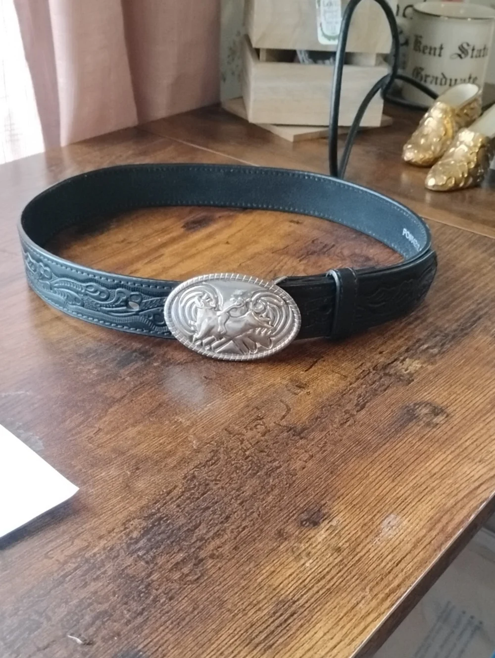 Children's Black Tooled Leather Belt with Silver Bull Buckel